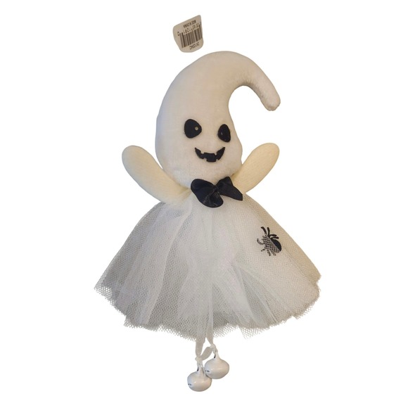 Ornament Ghost Halloween Black Spider White Tulle Skirt Bow Bells NWT - Picture 1 of 3